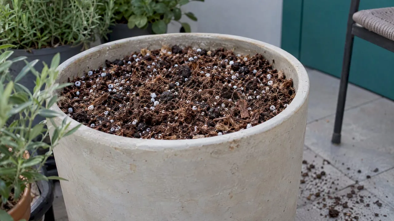 Maceta grande con sustrato aireado para cultivo